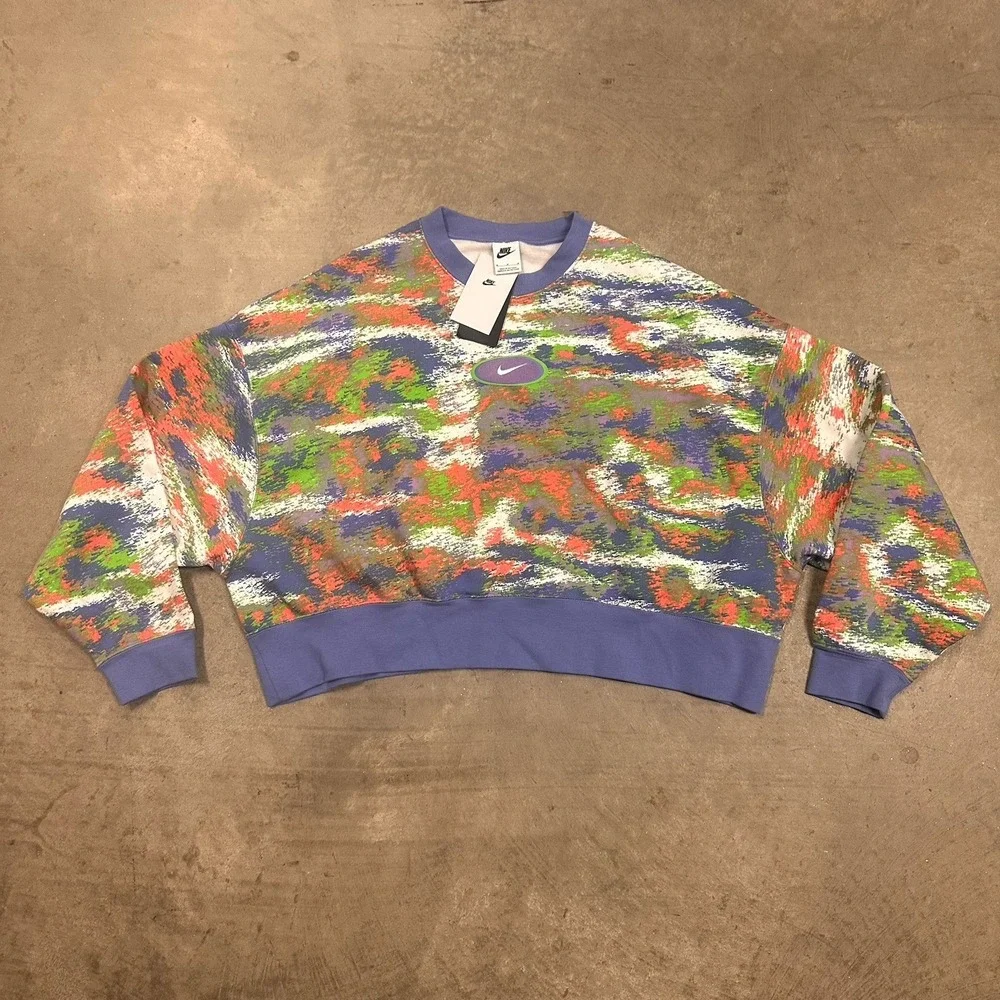 Nike Sweatshirt Womens M Blue Oversized Cropped Abstract Fleece DQ3586-450